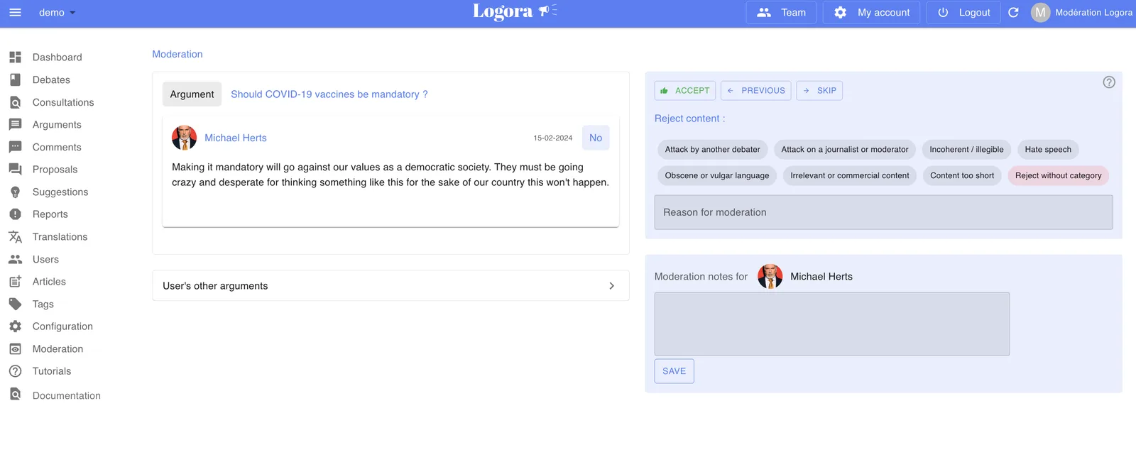 One-click moderation interface of Logora's admin space.