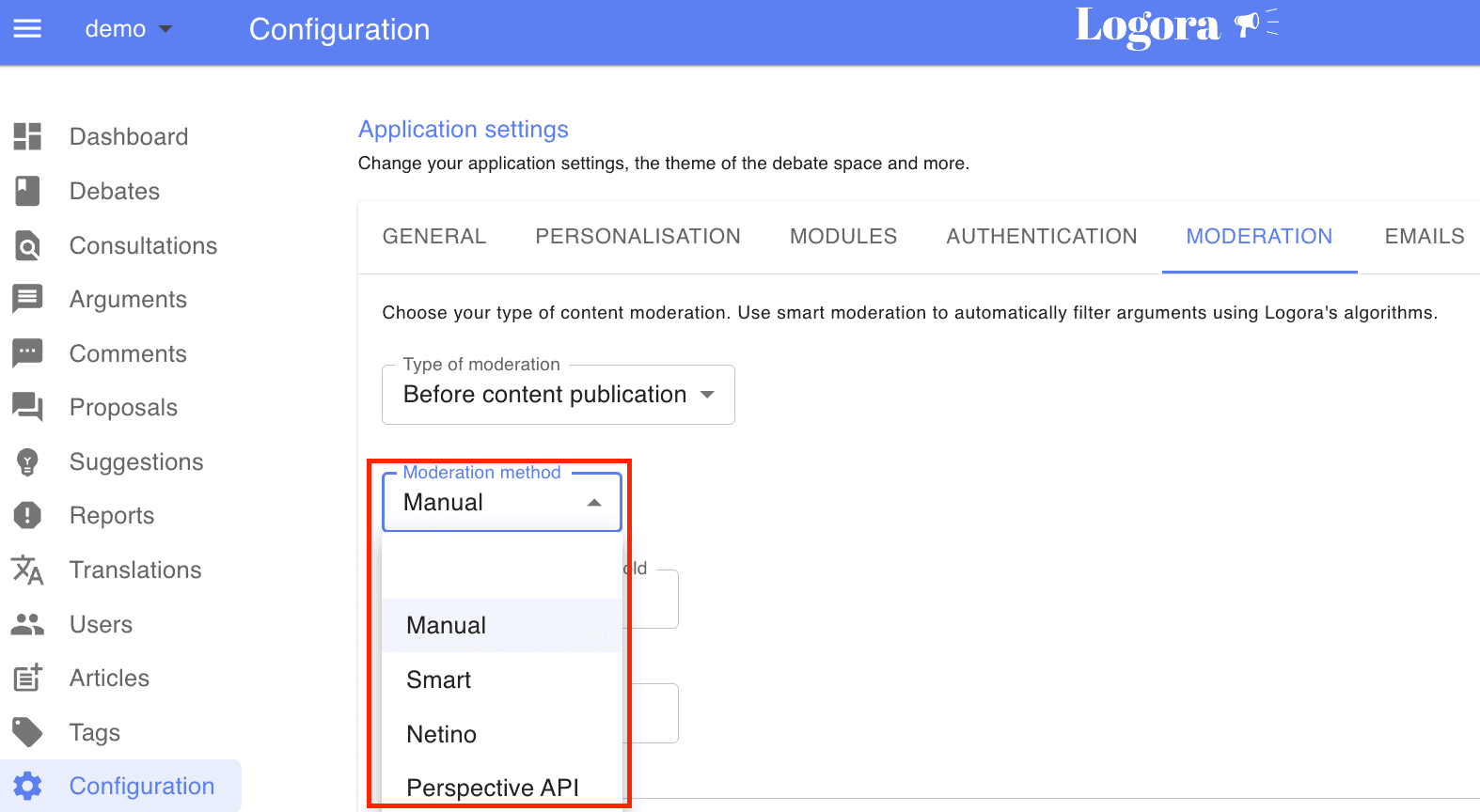 Logora moderation system allows to connect different moderation algorithm