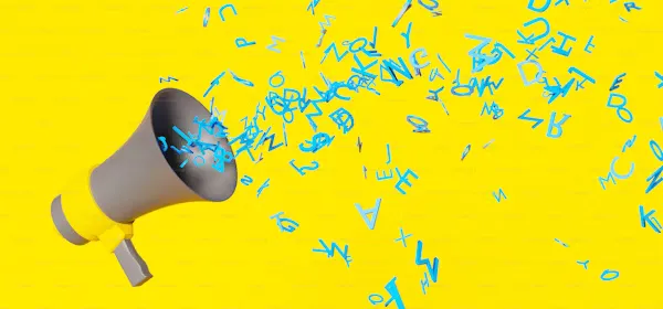 A powerful speaker bursts with letters, projecting sound and language into the air, turning words into a vibrant, dynamic experience.