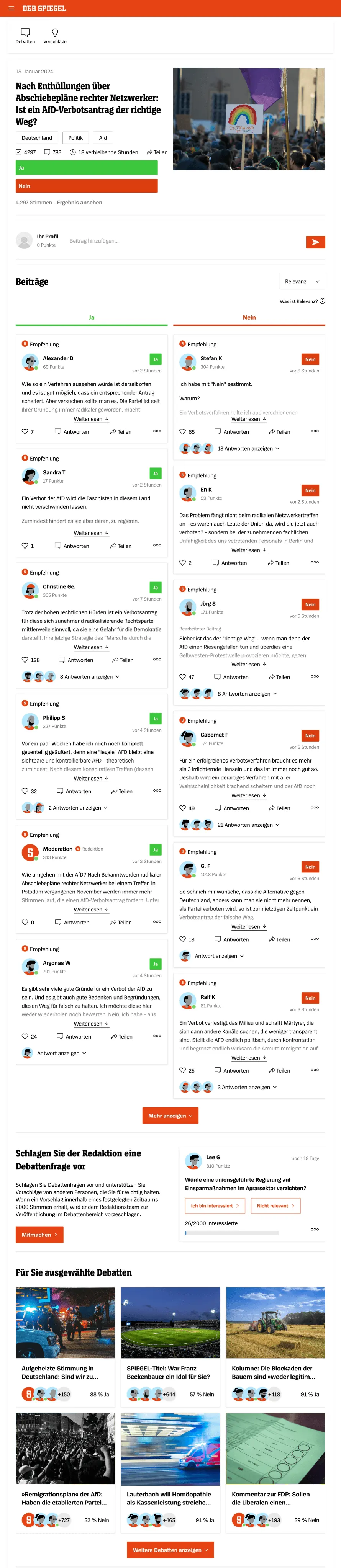 The Logora structured-debate module live on a Der Spiegel article, reader arguments ranked pro and contra