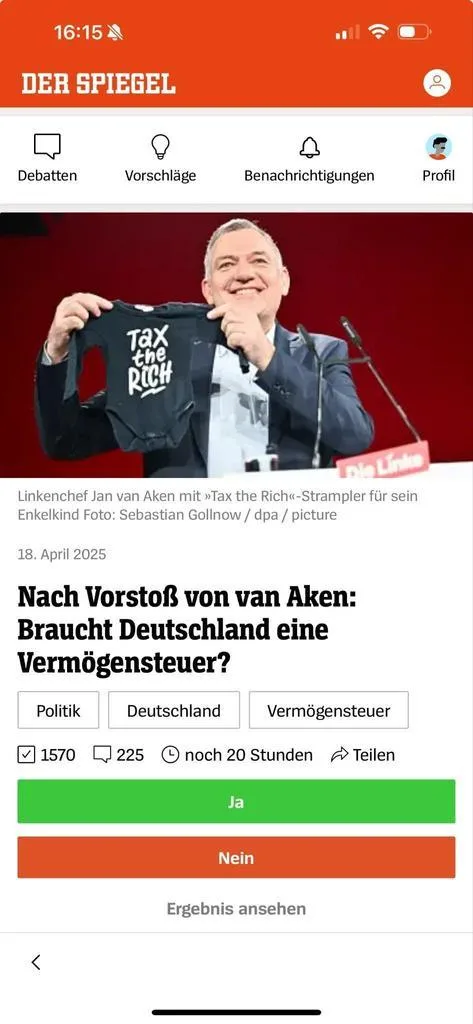 The Logora debate widget live in the Der Spiegel app: a Ja/Nein vote on an article