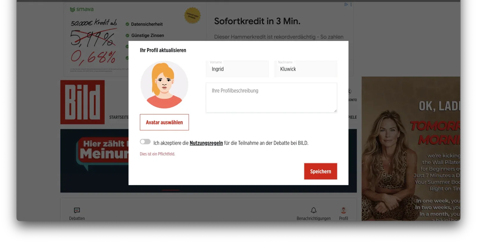 Création de compte lecteur en un clic sur l'espace débat de BILD, avec choix d'avatar et règles de la communauté