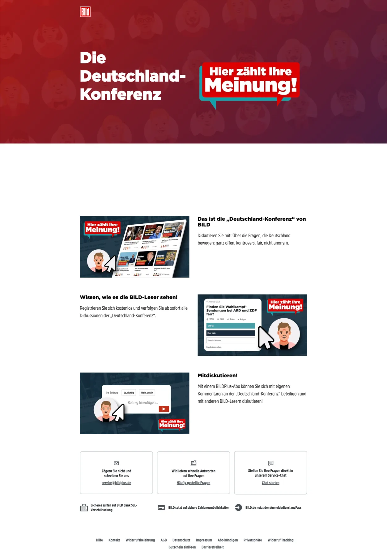 Bild's Deutschland-Konferenz reader-debate campaign, powered by Logora: a red landing page reading 'Hier zählt Ihre Meinung' with debate widgets