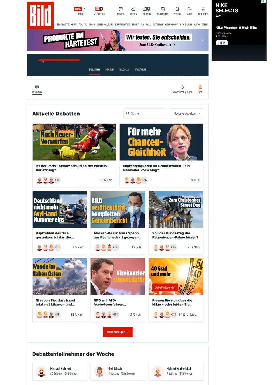 L'espace de débat lecteurs de BILD avec plusieurs débats actifs, répartition des votes et classement hebdomadaire des meilleurs contributeurs