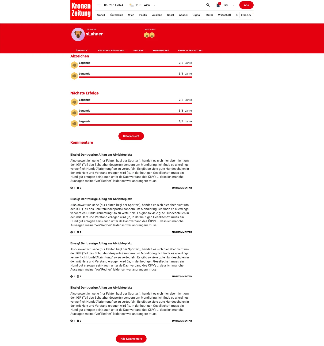 Un profil lecteur sur la Kronen Zeitung montrant les badges gagnés, les niveaux de réputation et ses commentaires publiés