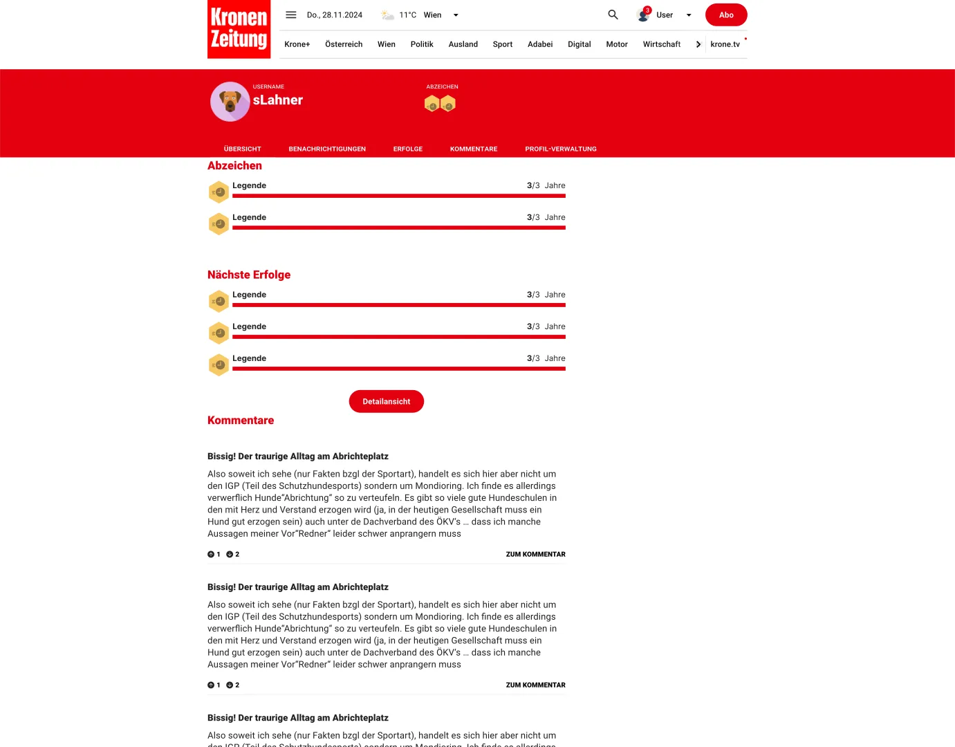 A Logora reader profile with badges and signed comments, live on Kronen Zeitung